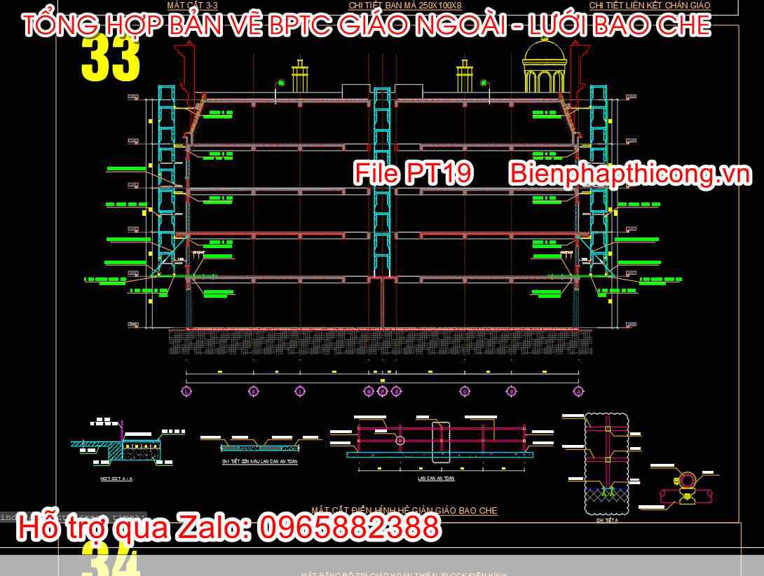 Mặt cắt điển hình hệ giàn giáo bao che cad.