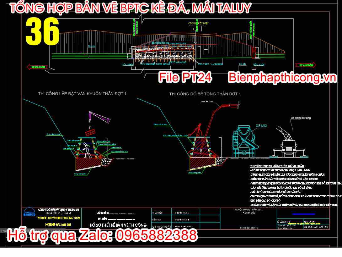 Bản vẽ biện pháp thi công thân tường chắn cad.