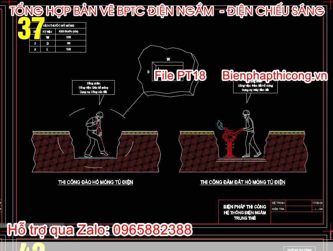Bản vẽ biện pháp đào hố móng tủ điện cad.