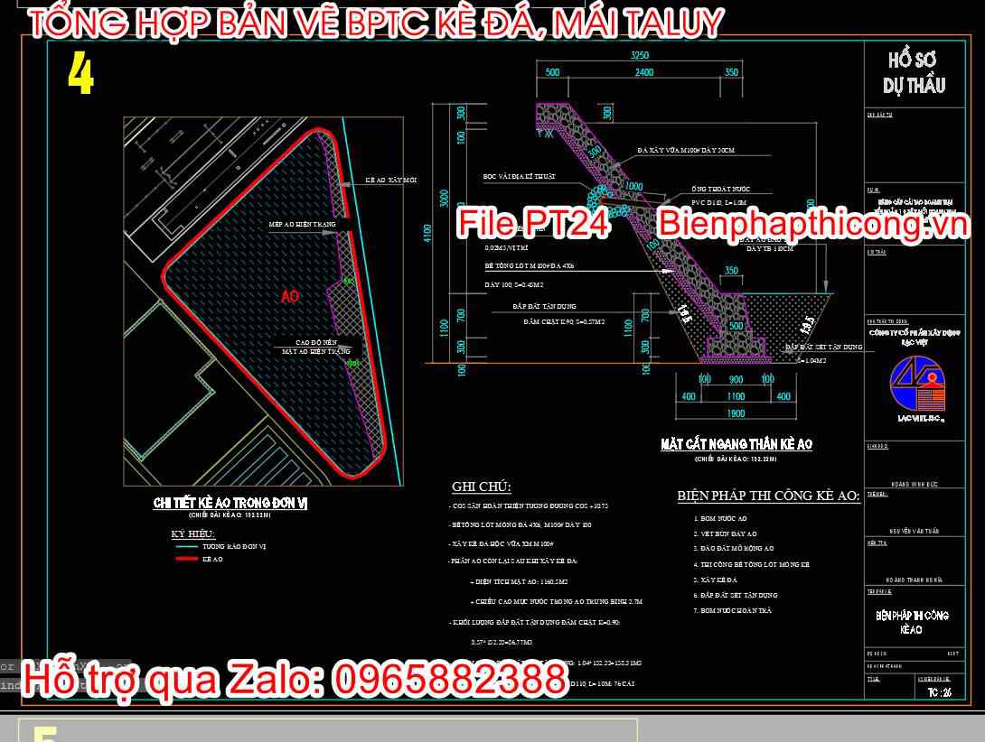 Bản vẽ bptc kè ao bằng đá hộc.
