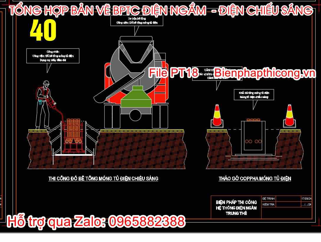 Thi công đổ bê tông móng tủ điện chiếu sáng cad.