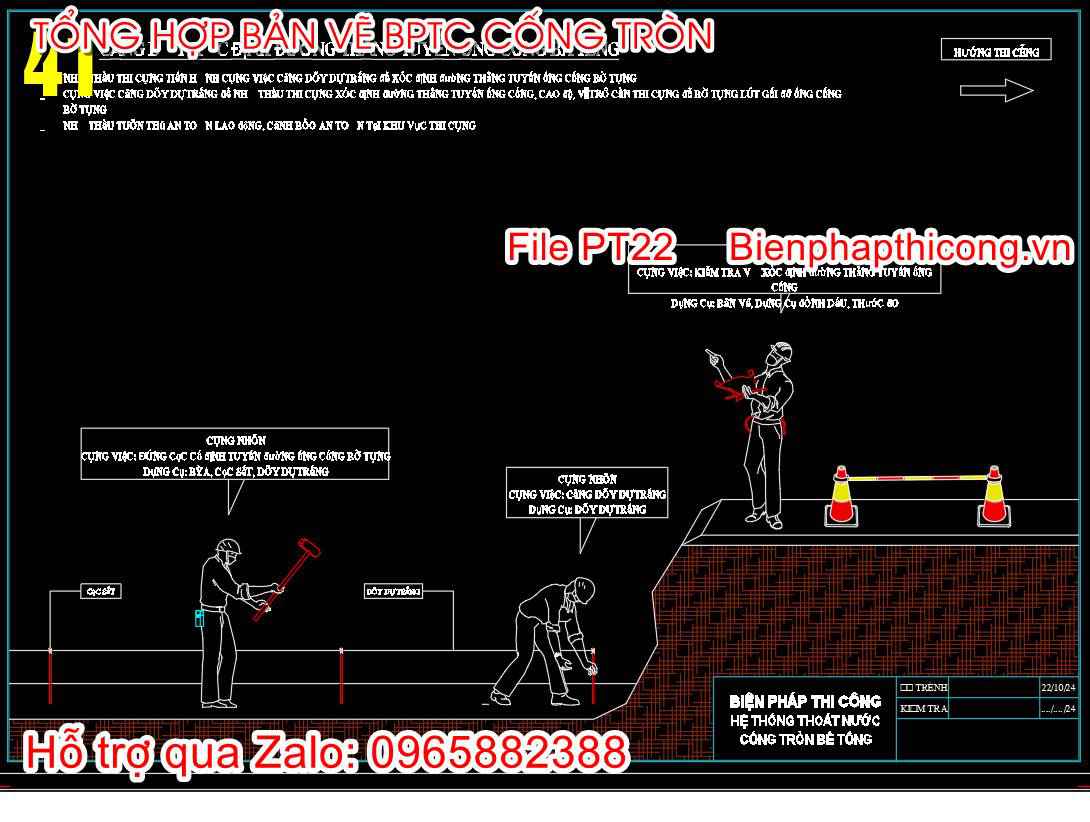 Căng dây xác định đường thẳng tuyến ống cống bê tông.