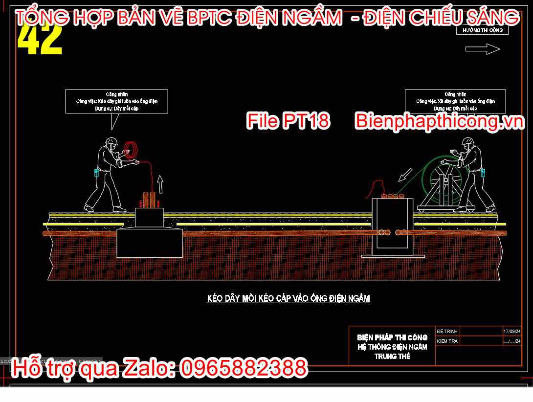 Kéo dây mồi kéo cáp vào ống điện ngầm cad.