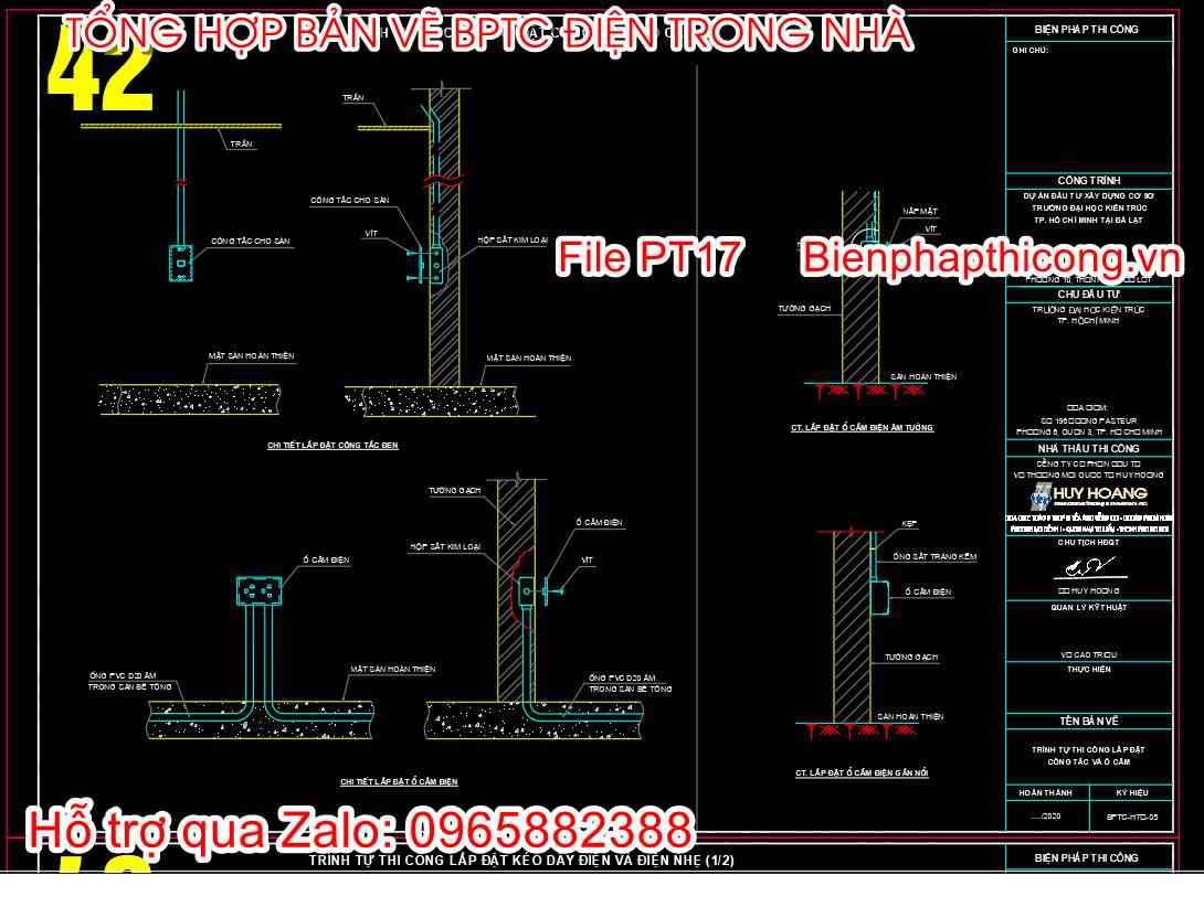 Trình tự thi công lắp đặt công tắc ổ cắm cad.
