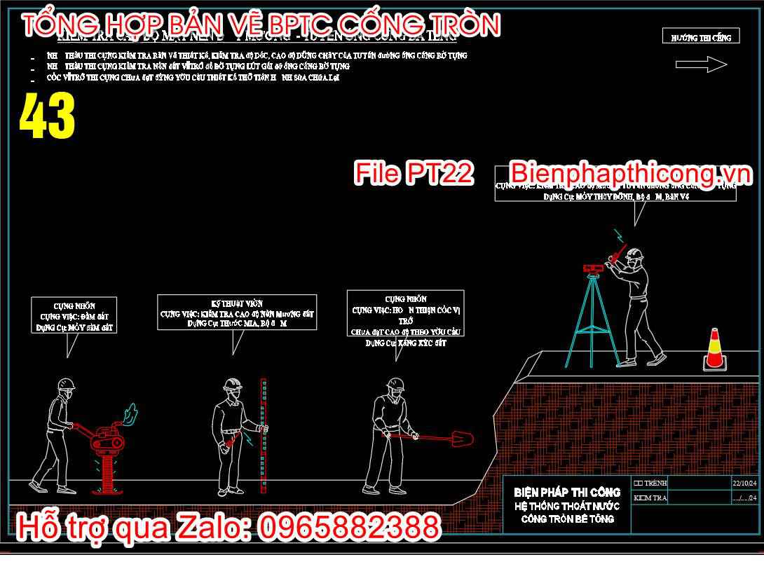 Kiểm tra cao độ mặt nền đào mương tuyến ống cống bê tông.