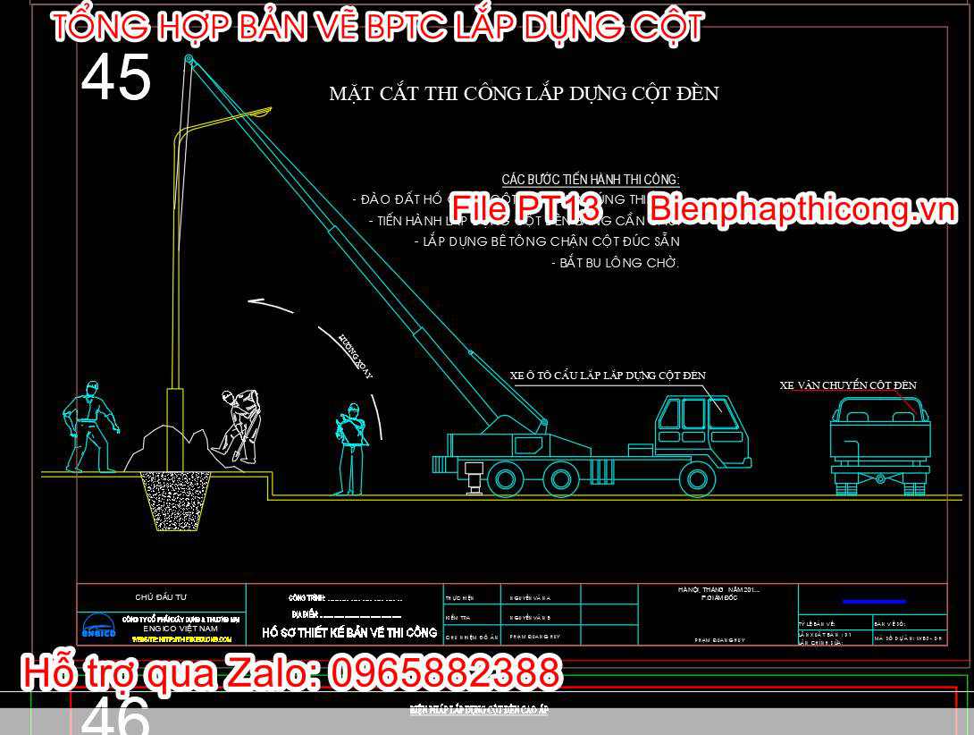 Mặt cắt thi công lắp dựng cột đèn.