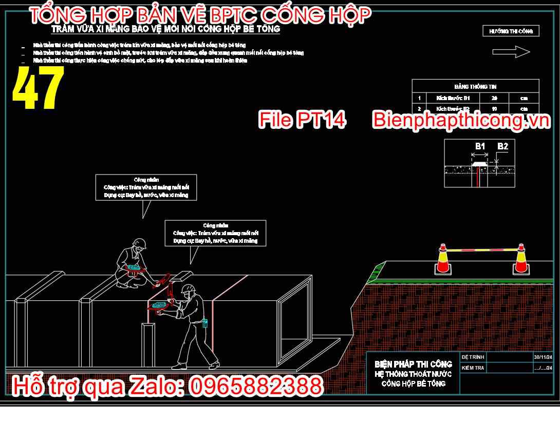 Trám vữa xi măng bảo vệ mối nối cống hộp bê tông.