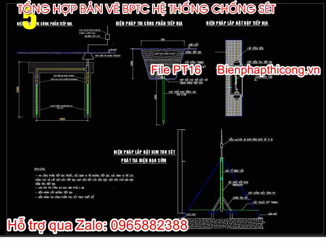 Mẫu bản vẽ biện pháp thi công tiếp địa chống sét.