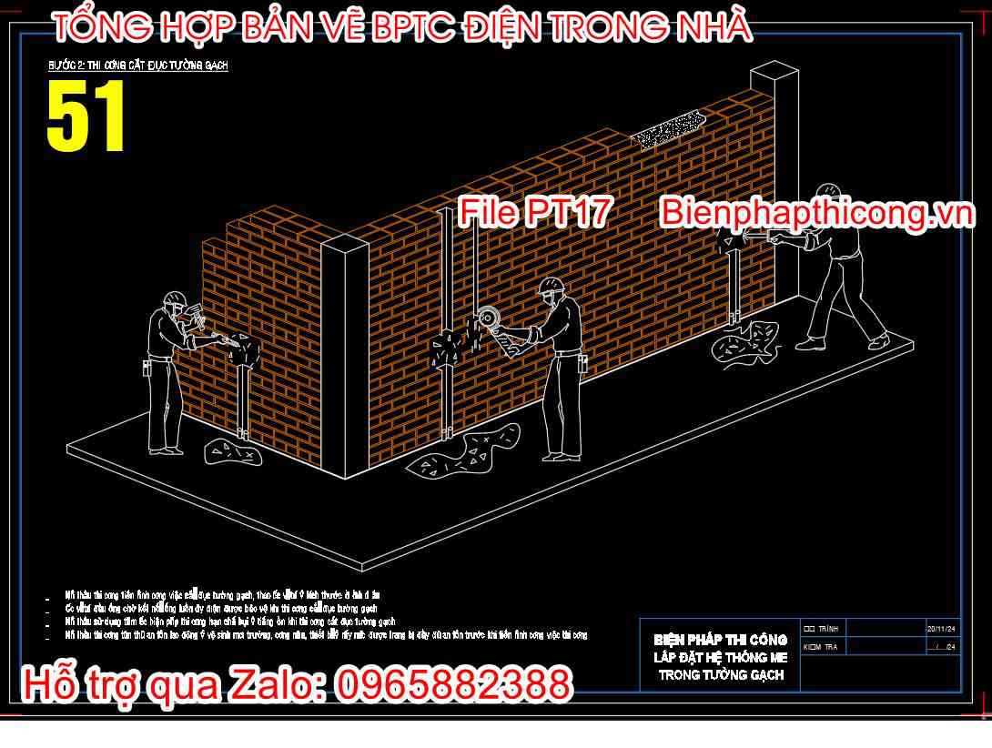 Bản vẽ biện pháp thi công cắt đục tường gạch.