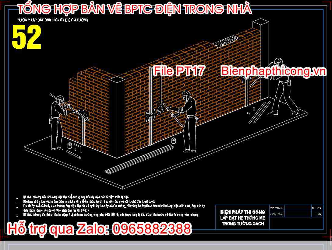 Bản vẽ bptc lắp đặt ống luồn dây âm tường.