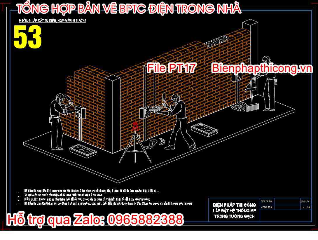 Bản vẽ biện pháp thi công lắp đặt tủ điện âm tường cad.