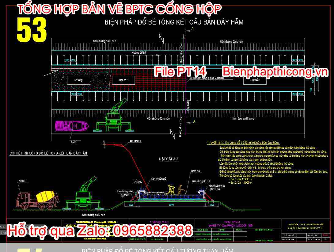 Biện pháp đổ bê tông kết cấu bản đáy hầm.