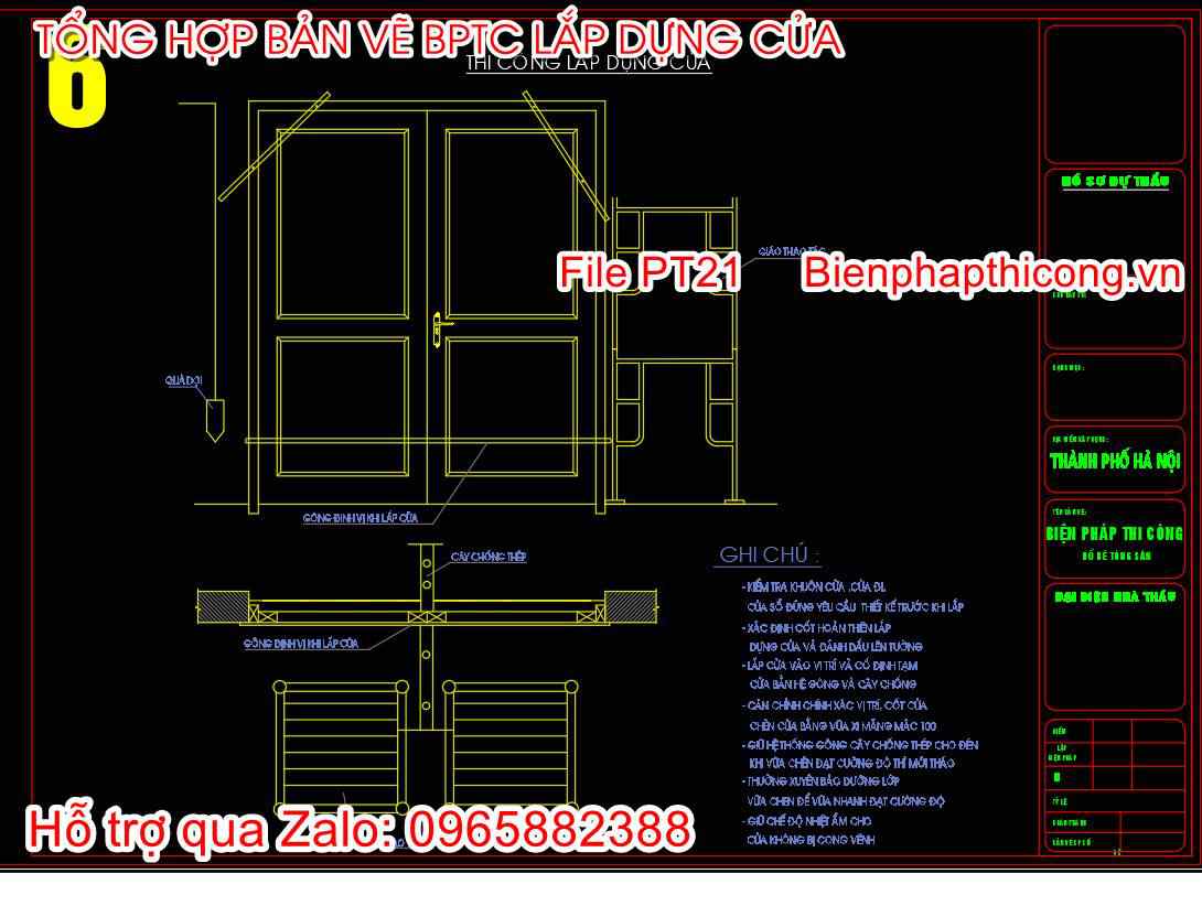 Bản vẽ biện pháp thi công lắp dựng cửa cad.
