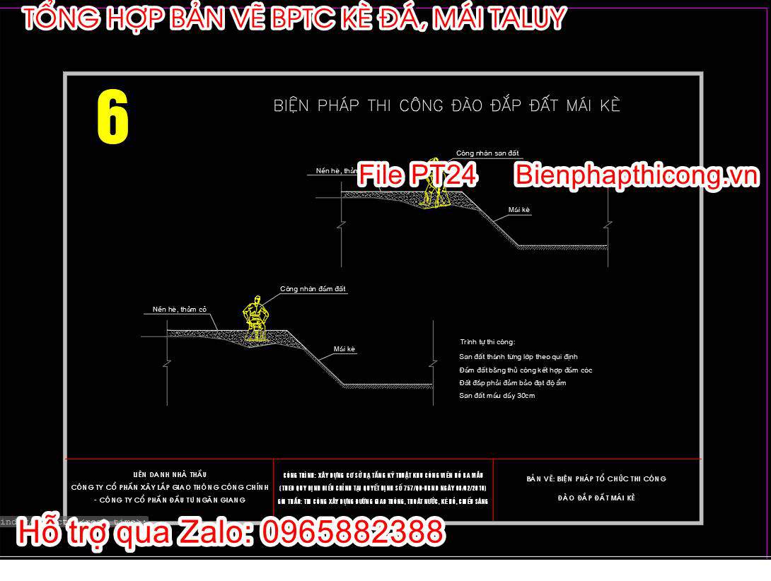 Bản vẽ biện pháp thi công đào đắp đất mái kè cad.