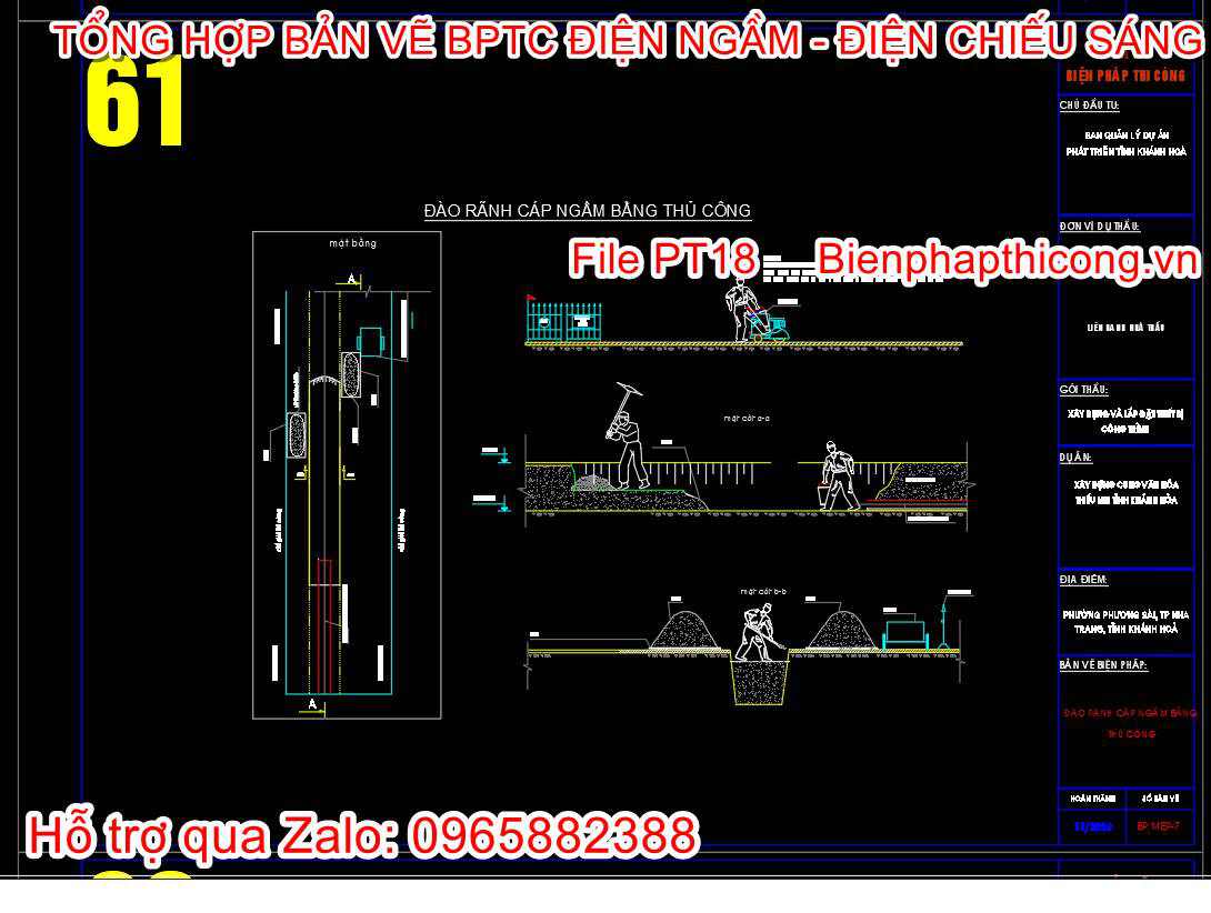 Bản vẽ biện pháp đào rãnh cáp ngầm bằng thủ công.