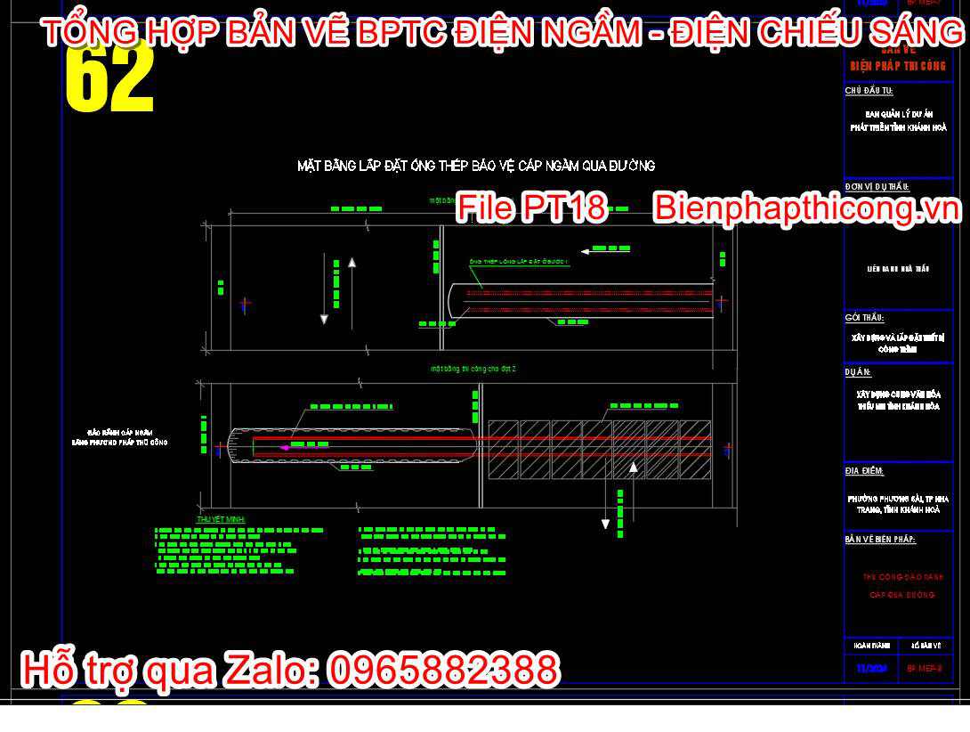 Mặt bằng lắp đặt ống thép bảo vệ cáp ngầm qua đường.