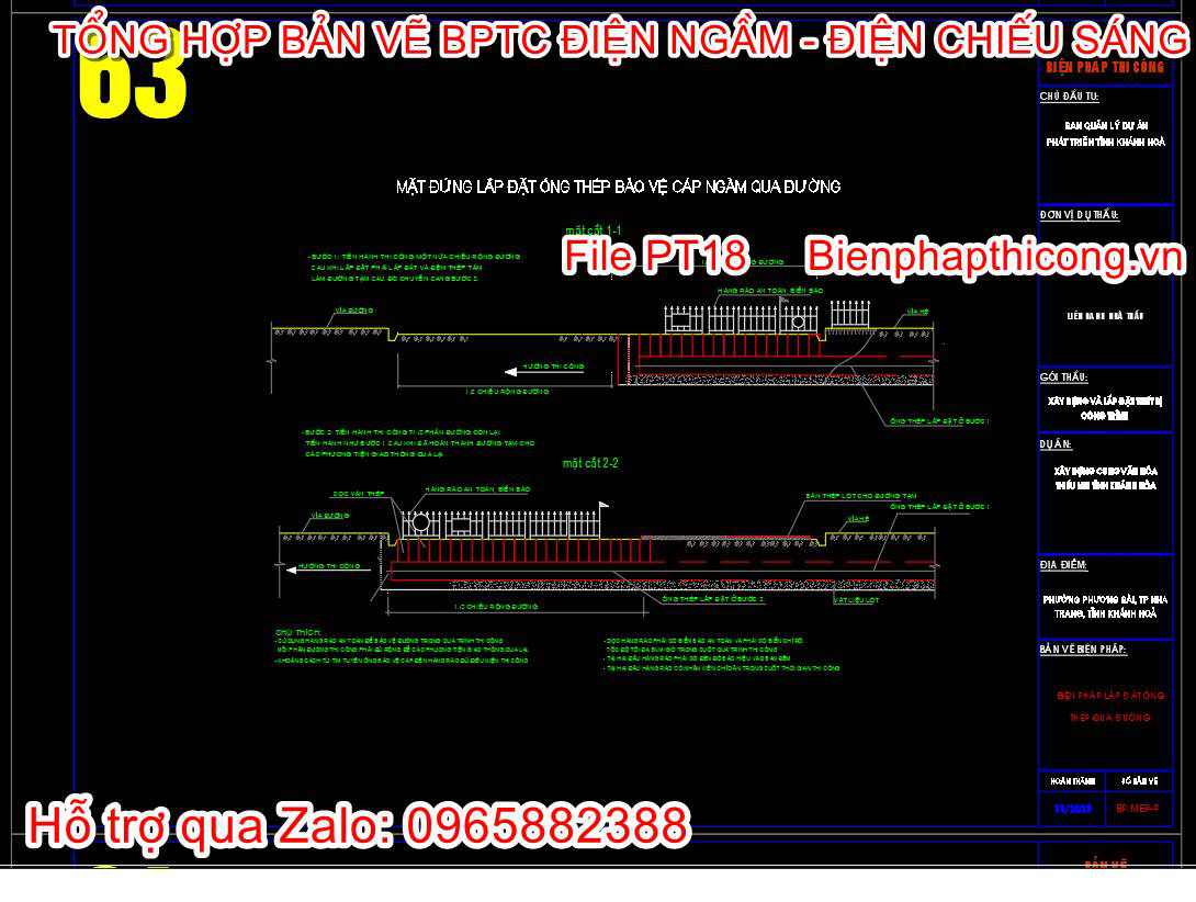 Mặt đứng lắp đặt ống thép bảo vệ cáp ngầm qua đường.