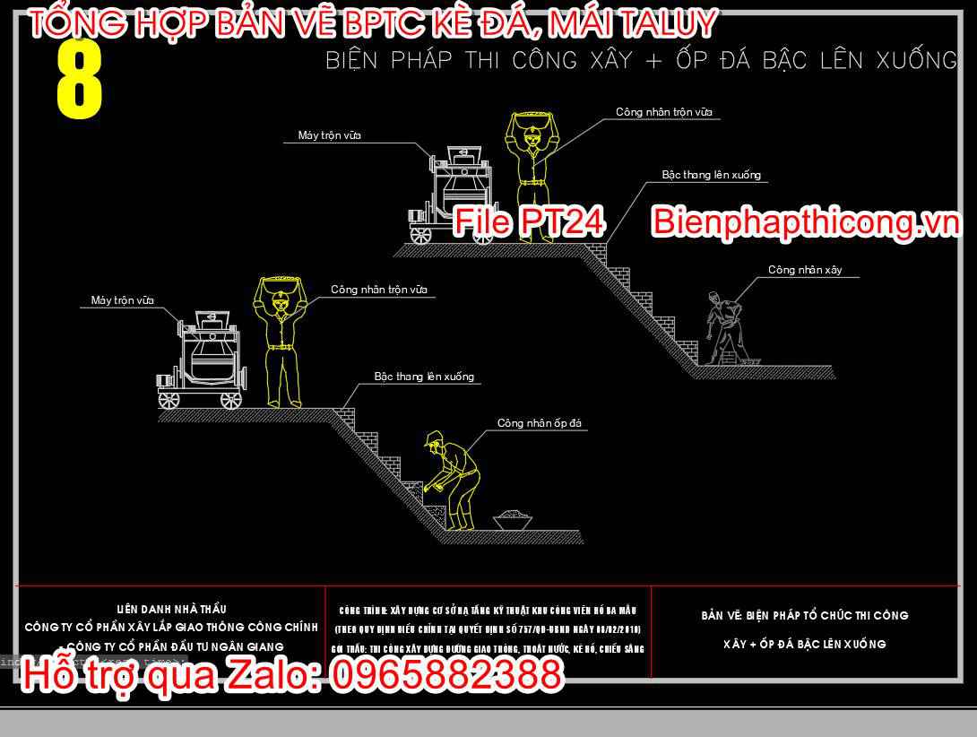 Bản vẽ biện pháp thi công xây ốp đá bậc lên xuống cad.