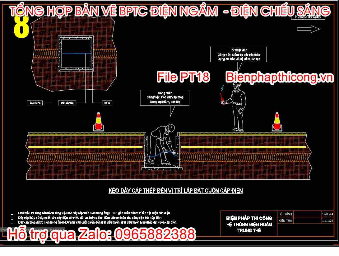 Bản vẽ biện pháp kéo dây cáp thép đến vị trí lắp đặt cuộn cáp điện.