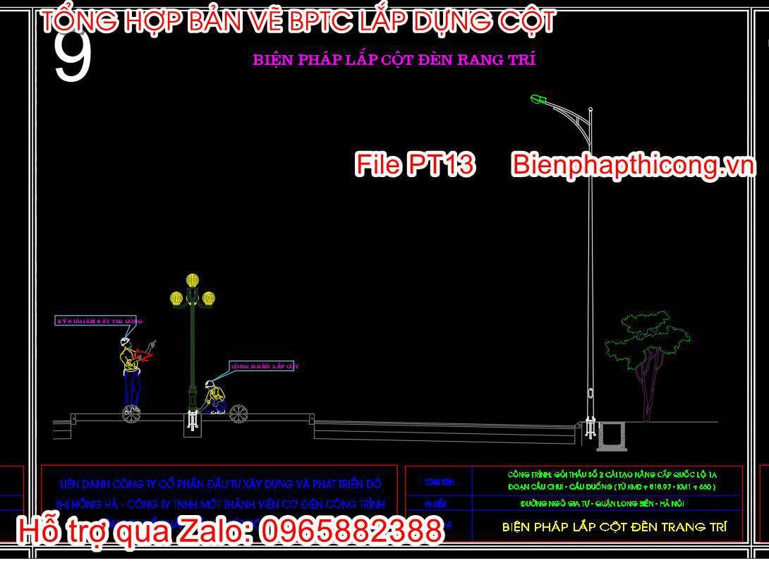 Bản vẽ biện pháp lắp cột đèn trang trí cad.