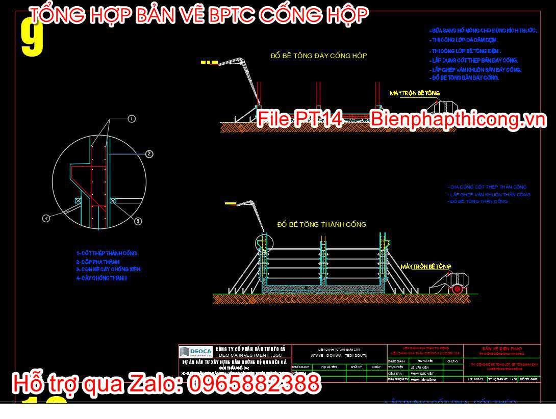 Mẫu bản vẽ biện pháp thi công đổ bê tông đáy cống hộp.