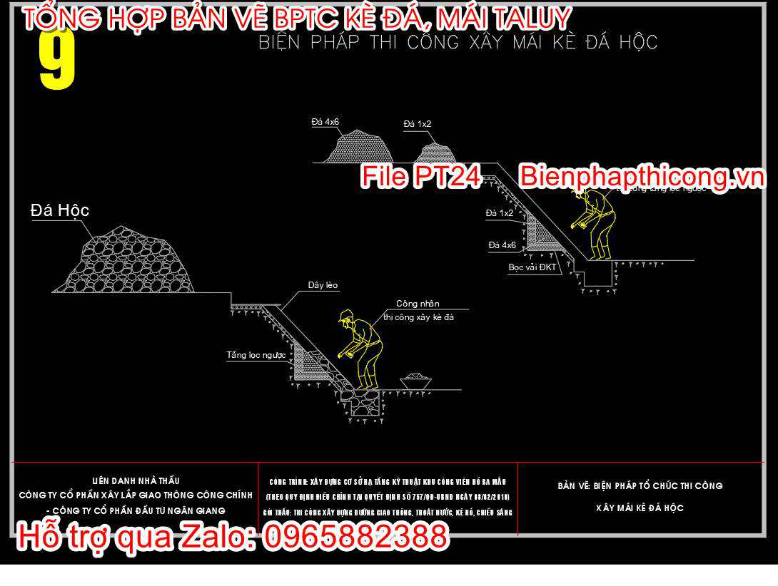 Mẫu biện pháp thi công xây mái kè đá hộc cad.