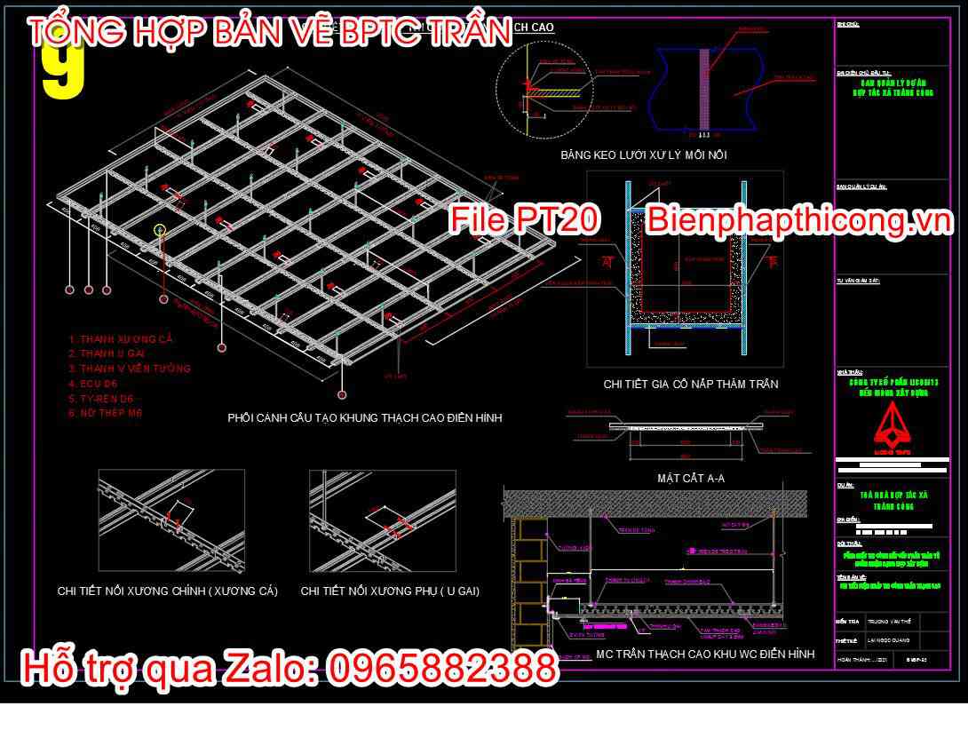 Mẫu chi tiết biện pháp thi công trần thạch cao cad.