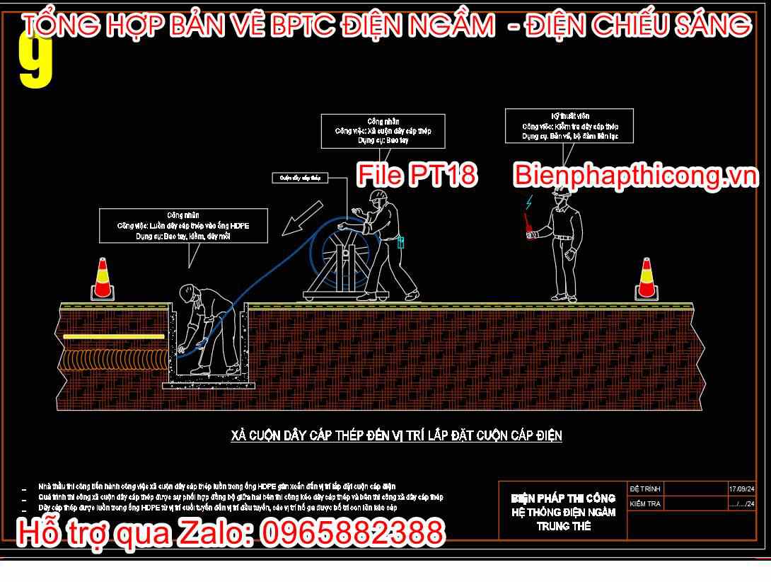 Bản vẽ xả cuộn dây cáp thép đến vị trí lắp đặt cuộn cáp điện.