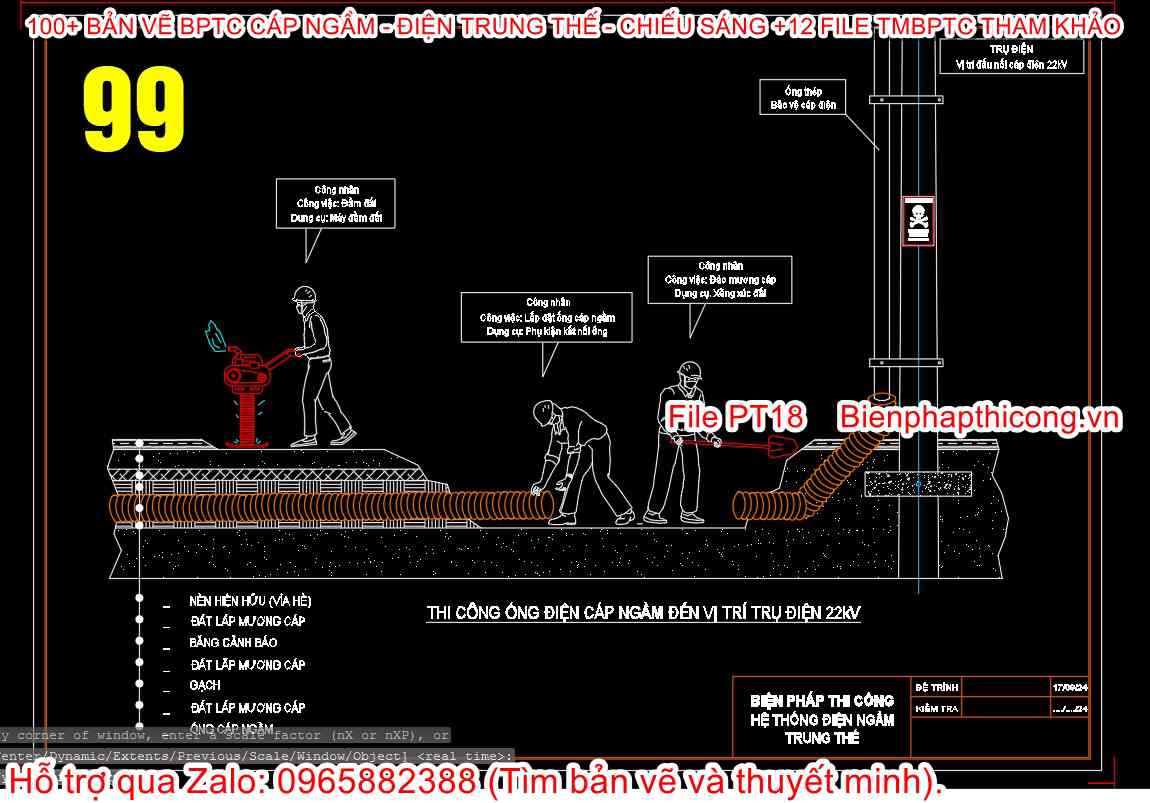 Thi công ống điện cáp ngầm đến vị trí trụ điện.