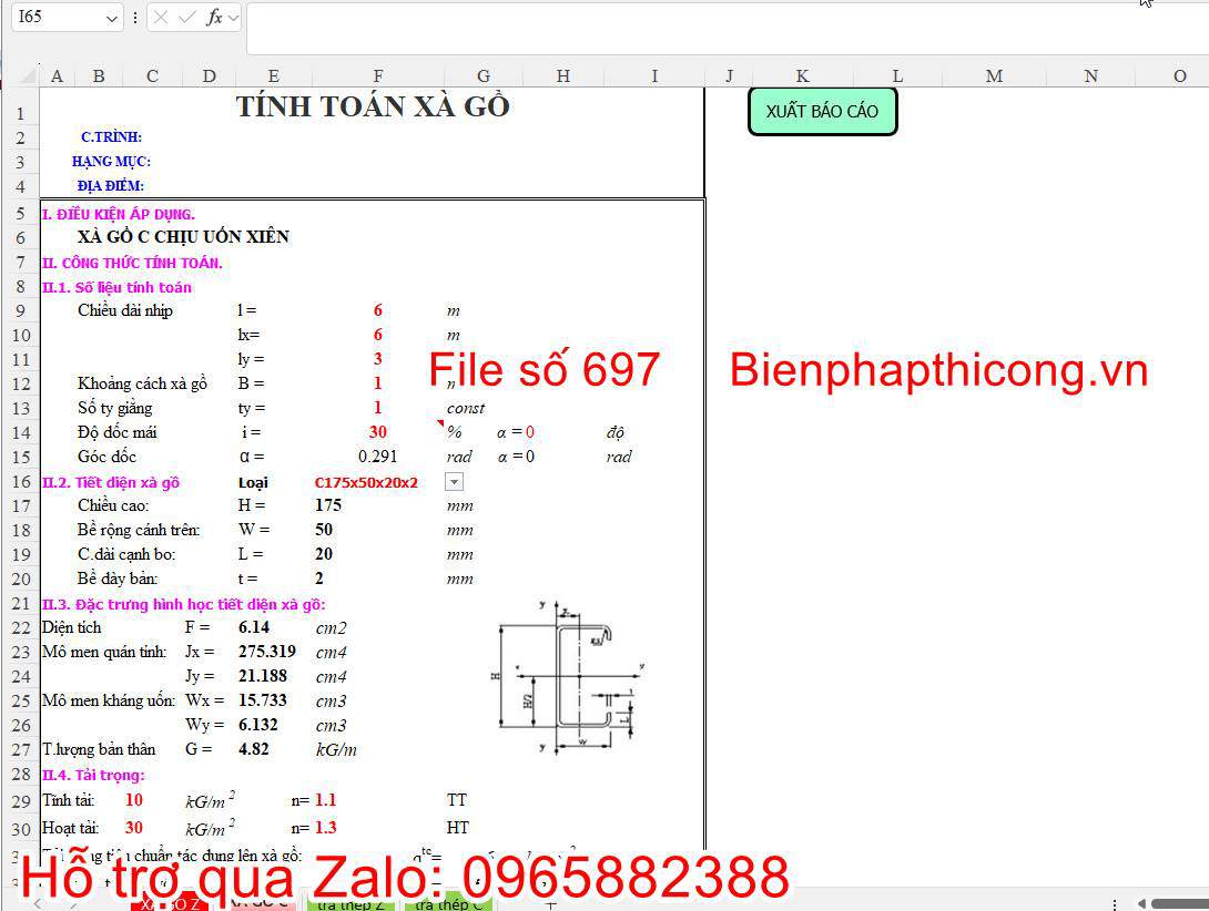 File bảng tính excel tính xà gồ thép hình.