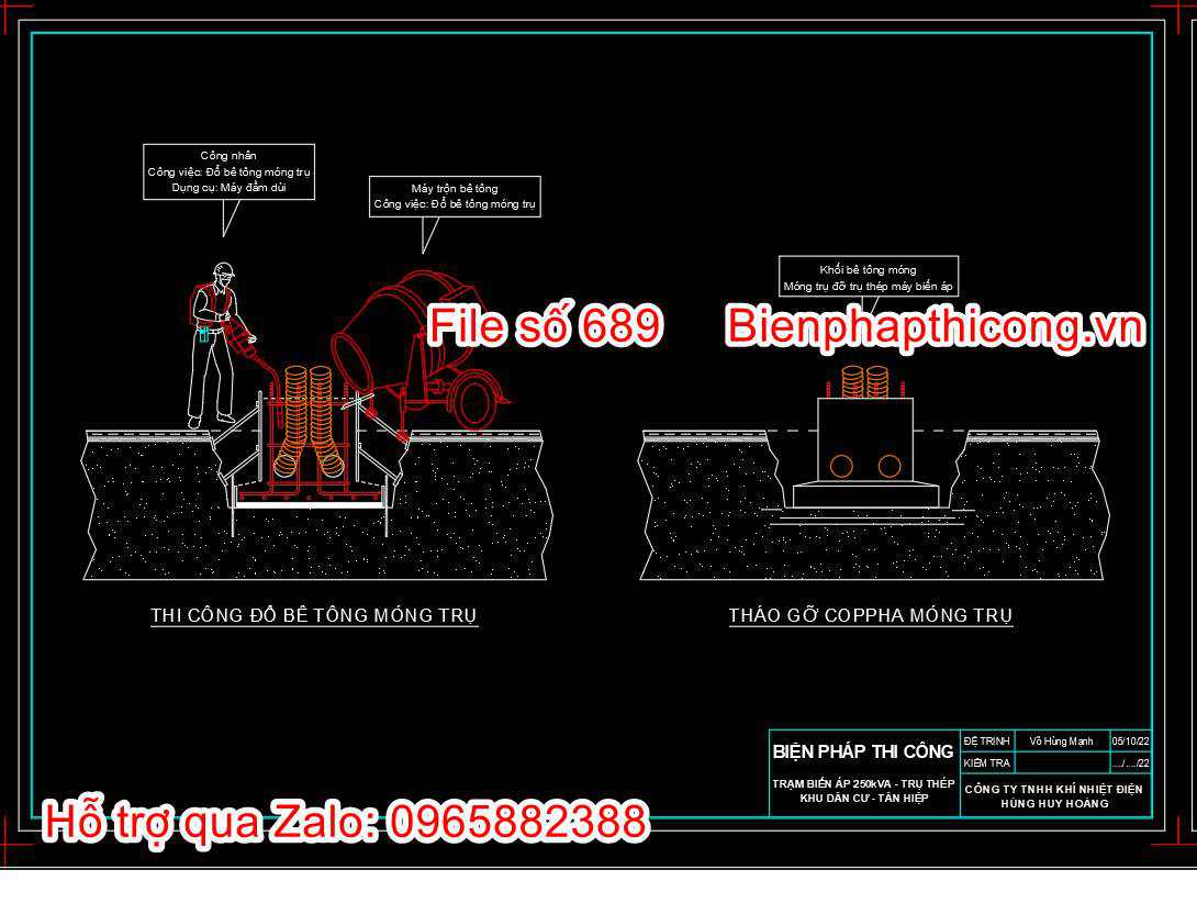 Thi công đổ bê tông móng trụ cad.