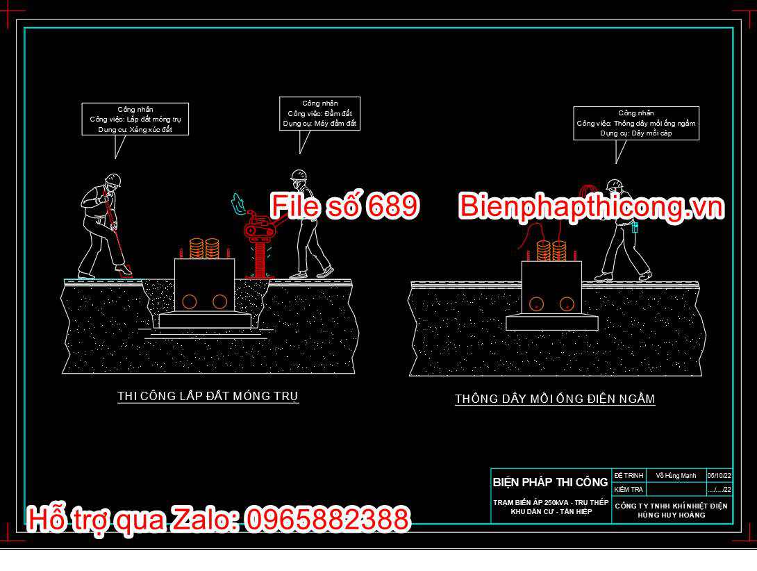 Mẫu bản vẽ bptc lắp đặt móng trụ trạm biến áp cad.