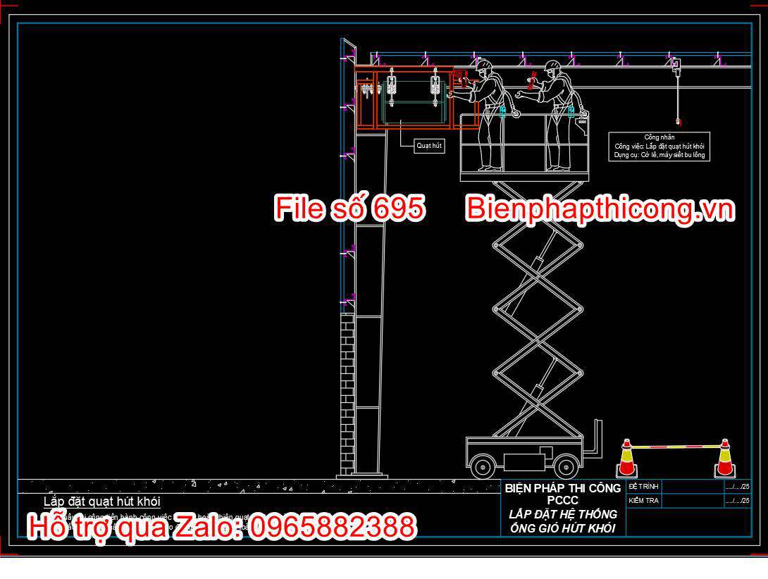 Bản vẽ biện pháp thi công lắp đặt quạt hút khói cad.