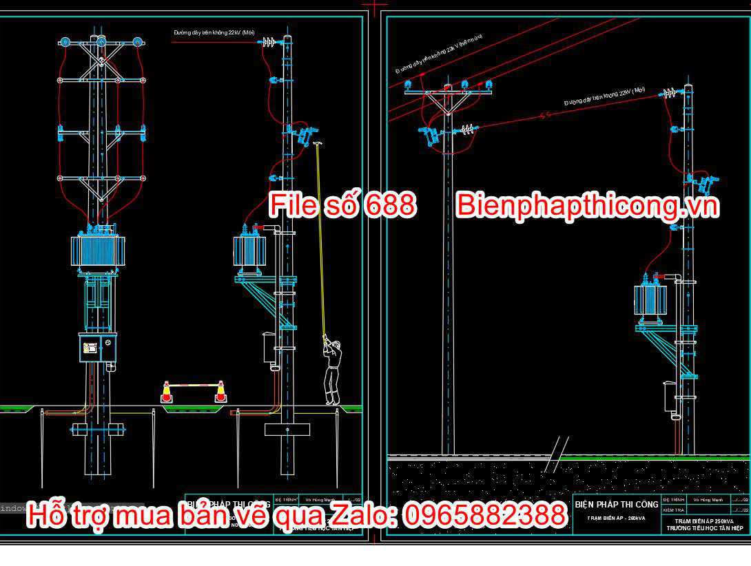 Bản vẽ biện pháp thi công trạm biến áp ngồi cad.