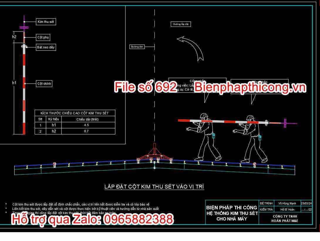 Bản vẽ bptc lắp đặt cột kim thu sét vào vị trí.