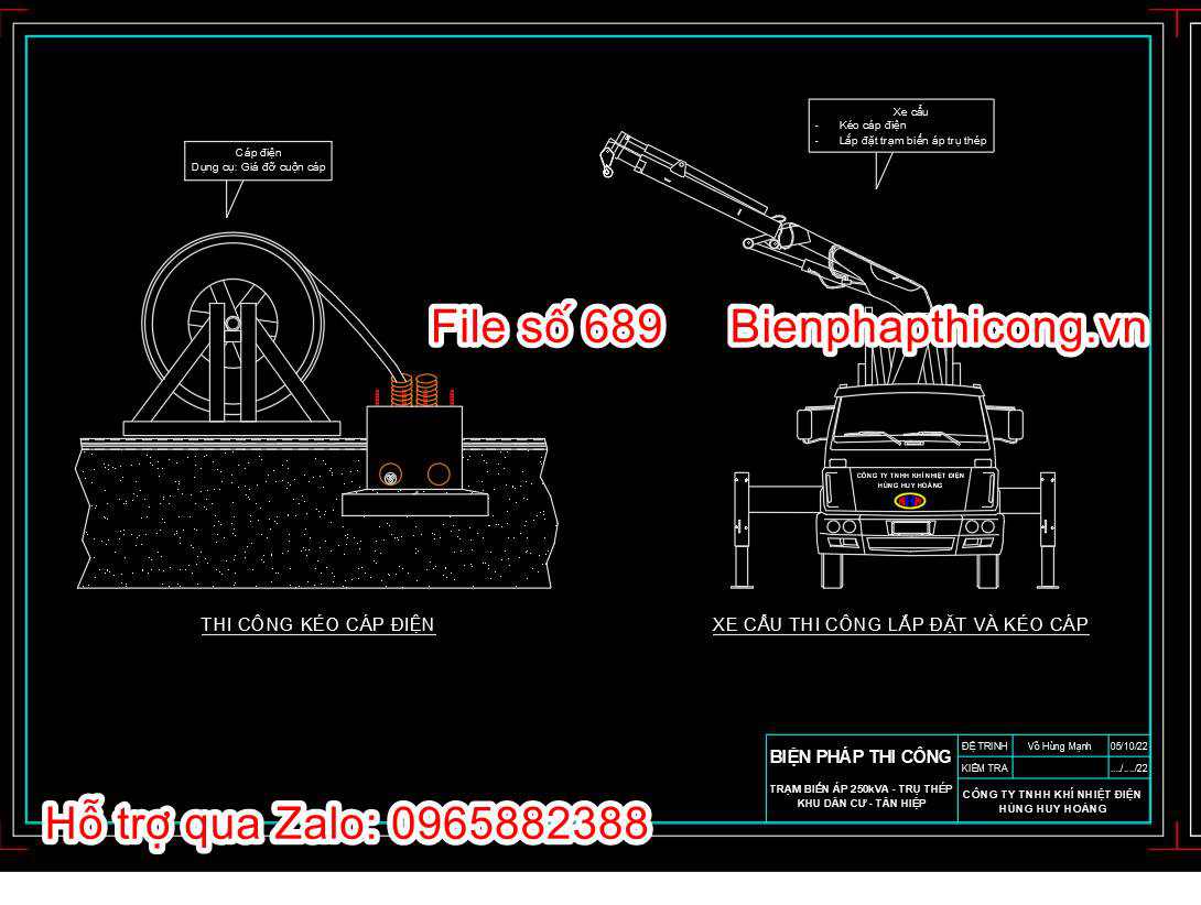 Bản vẽ biện pháp thi công kéo cáp điện cad.