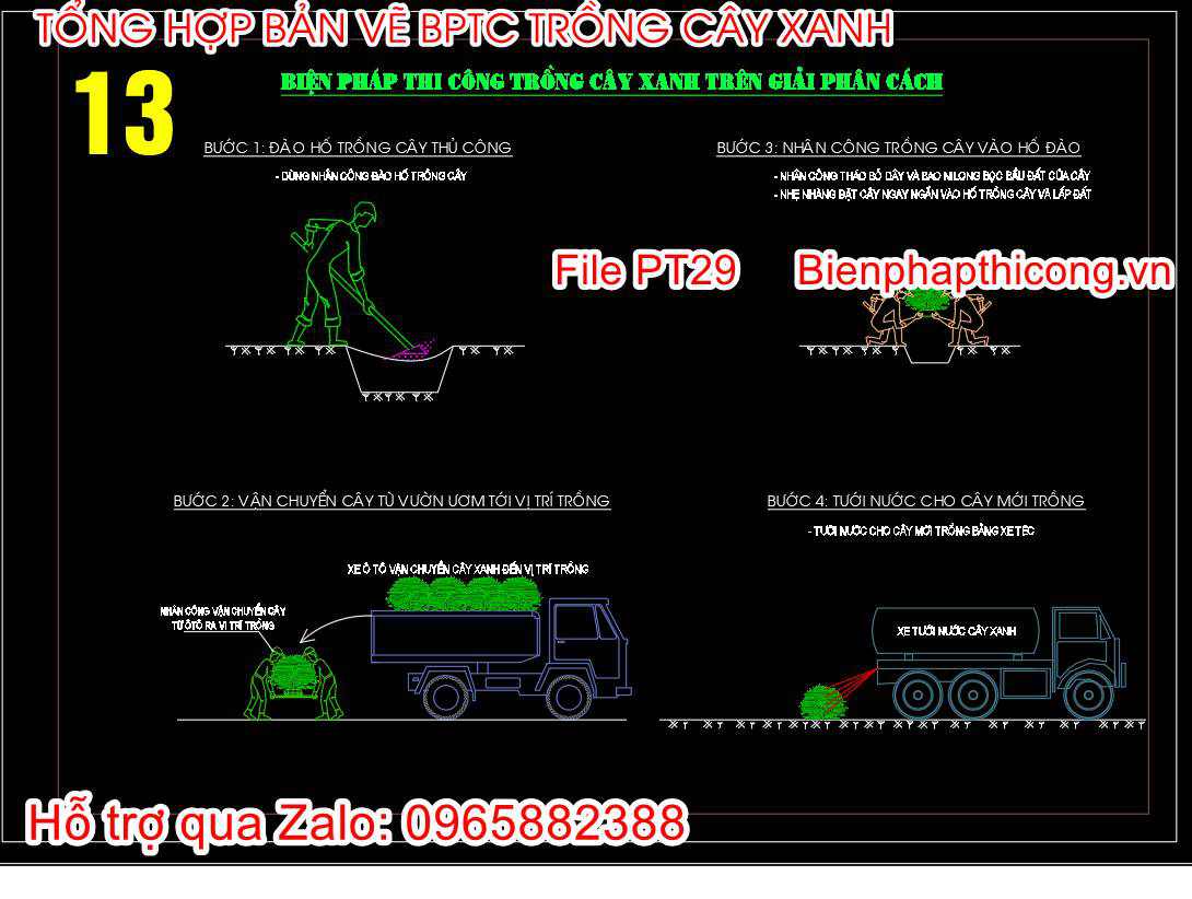 Bản vẽ biện pháp thi công trồng cây xanh giải phân cách.
