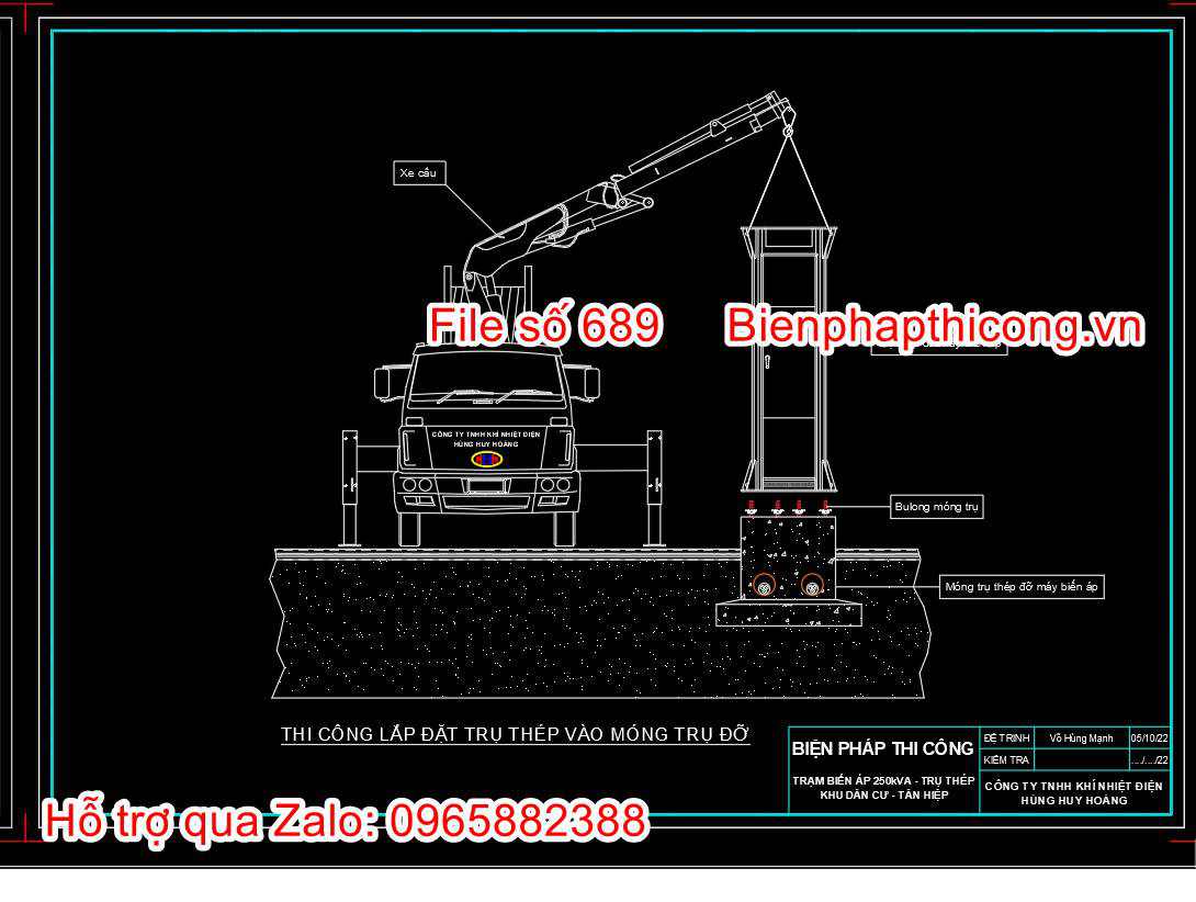 Bản vẽ biện pháp lắp đặt trụ thép vào móng trụ đỡ cad.