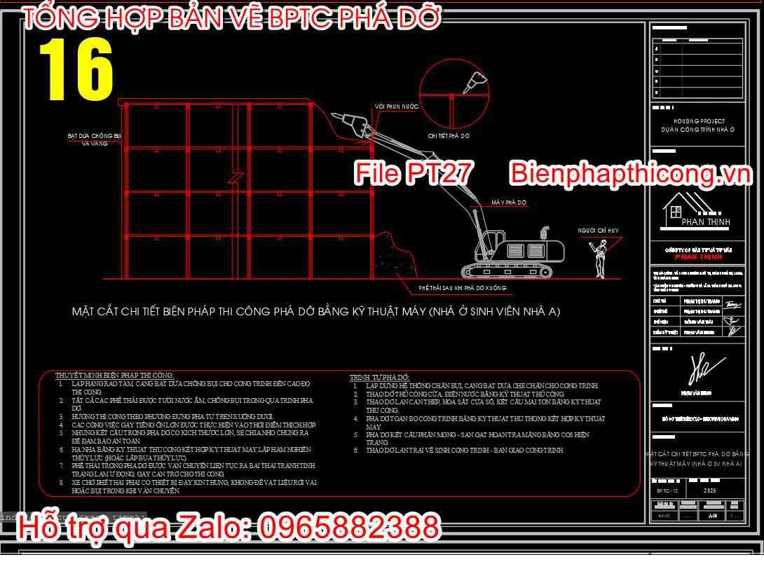 Mẫu bản vẽ biện pháp thi công phá dỡ bằng máy.