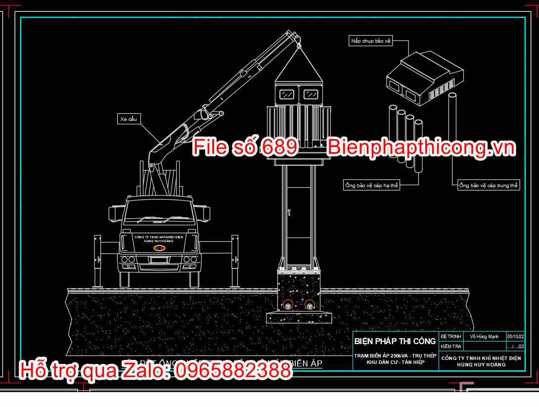 Bản vẽ biện pháp lắp đặt ống nắp chụp bảo vệ máy biến áp.
