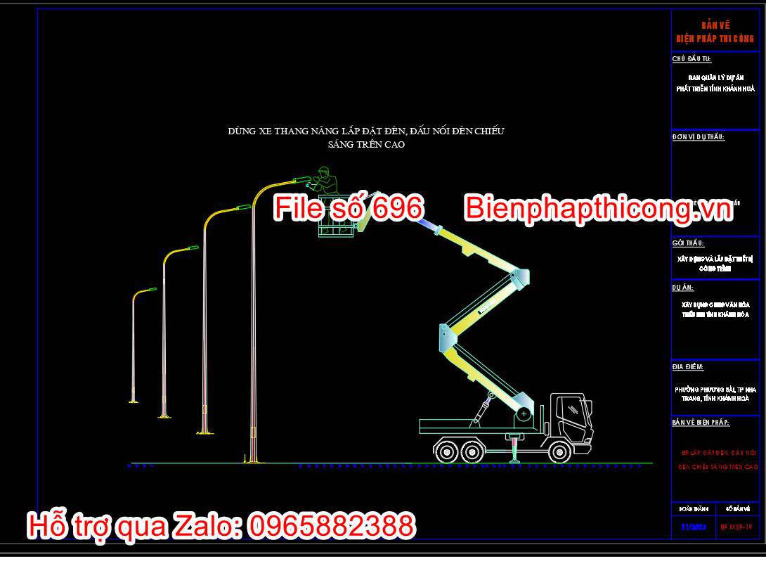 Dựng xe thang nâng cấp lắp đặt đèn đấu nối đèn chiếu sáng trên cao.