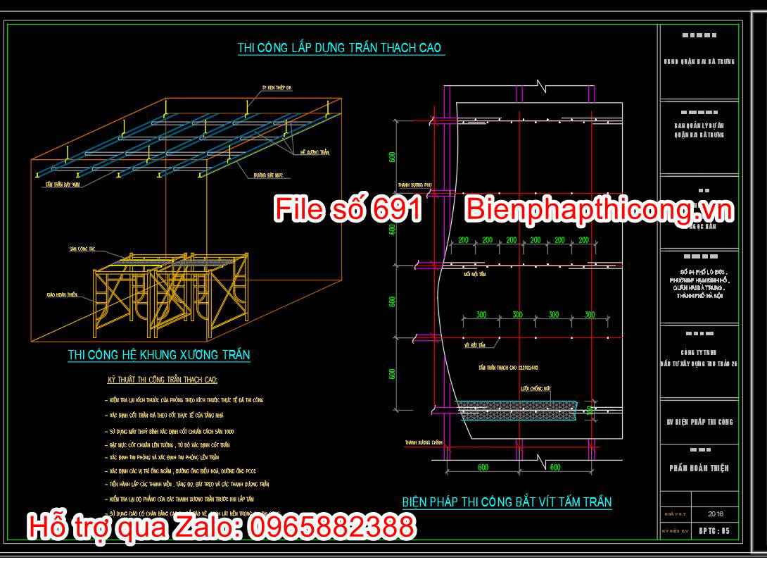 Bản vẽ thi công lắp dựng trần thạch cao.