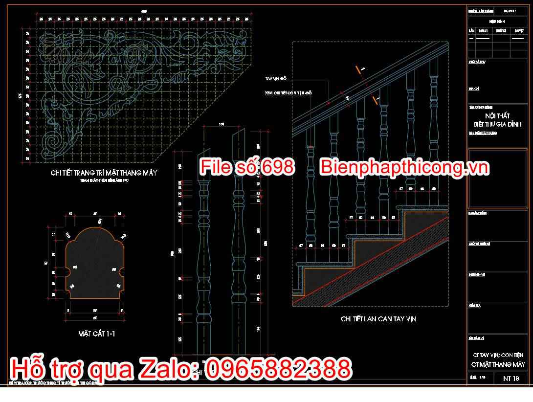 Bản vẽ thiết kế chi tiết lan can cầu thang tay vịn cad.