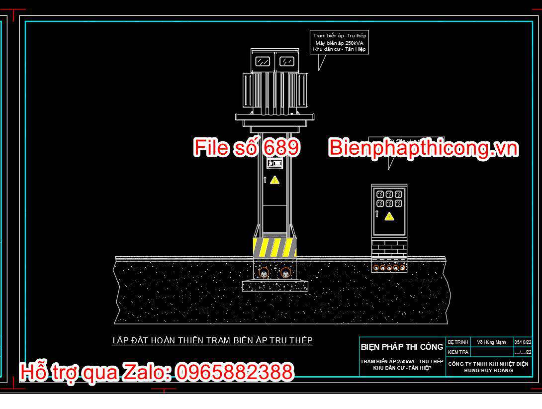 Lắp đặt hoàn thiện trạm biến áp trụ thép cad.
