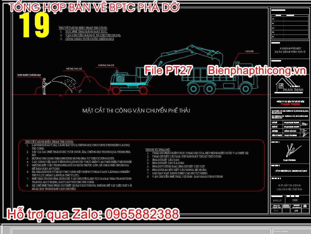 Mặt cắt thi công vận chuyển phế thải.