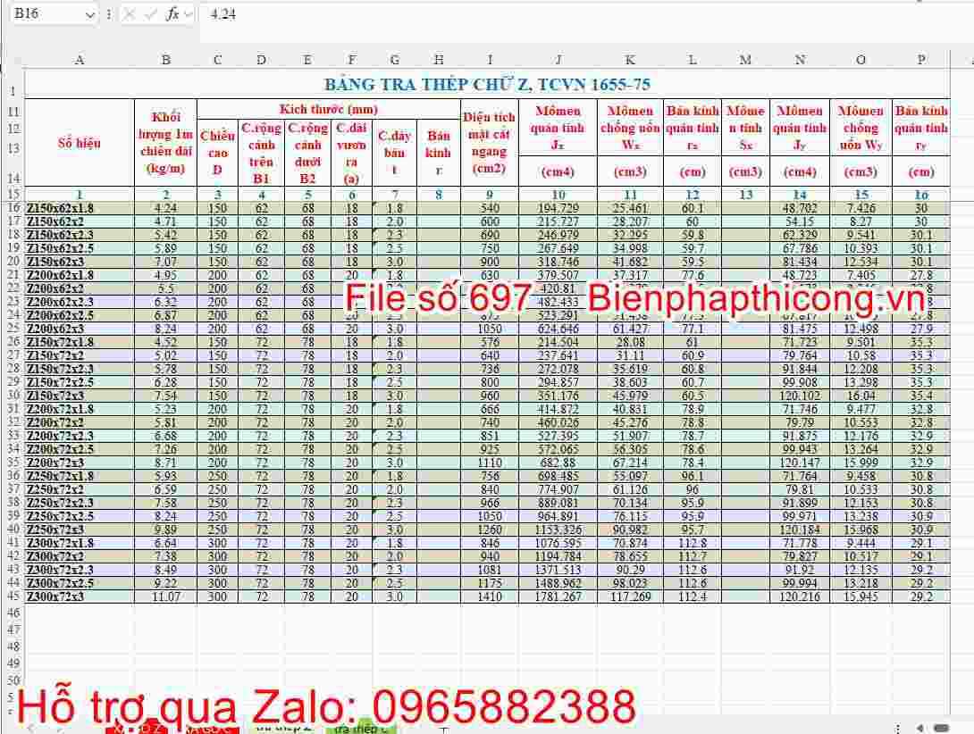 Tải file excel tính xà gồ thép hộp.
