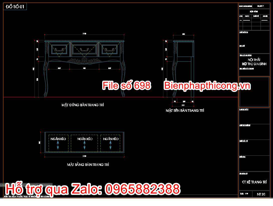 Bản vẽ thiết kế chi tiết bàn trang trí gỗ nhà tân cổ.