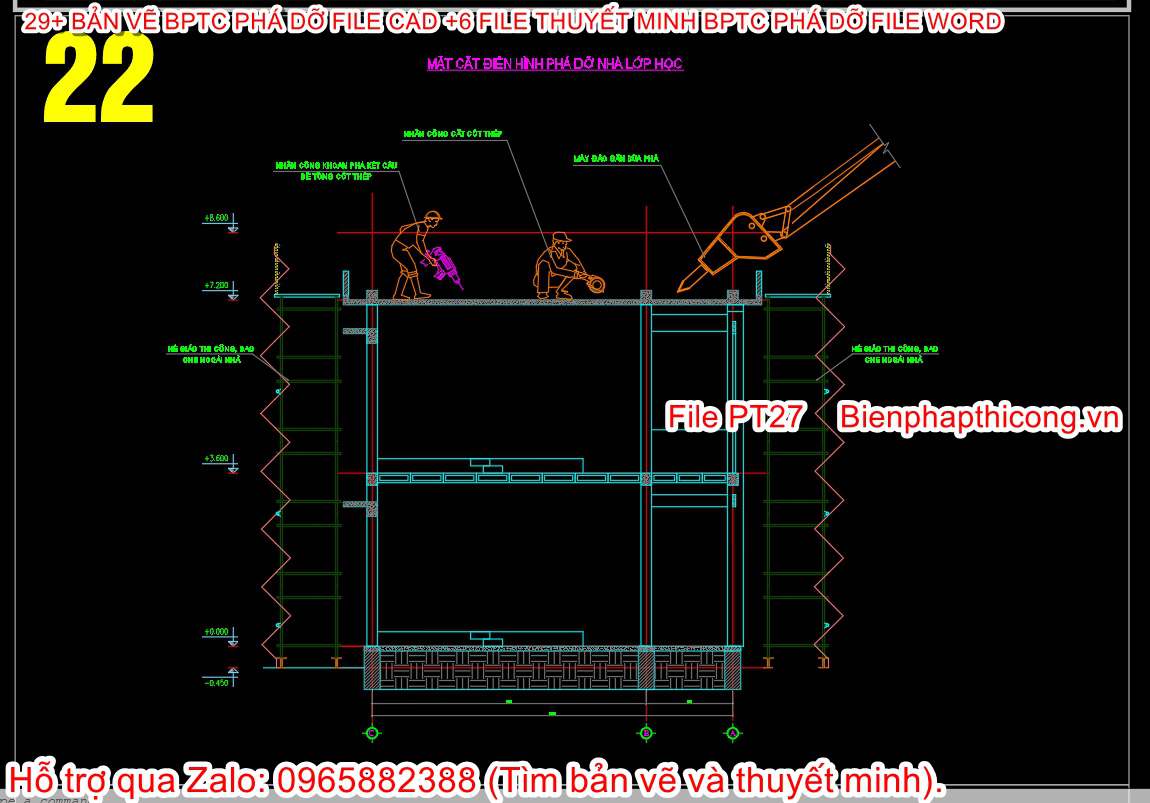 Bản vẽ cad biện pháp thi công phá dỡ lớp học.