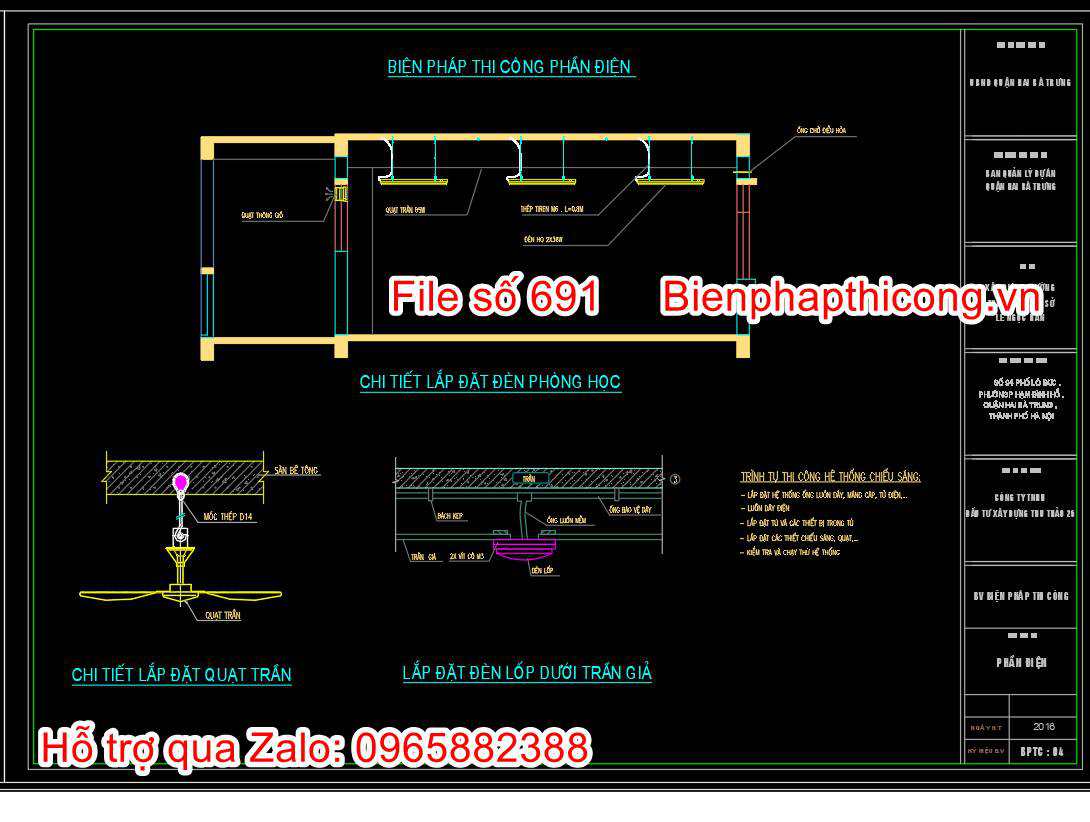 Bản vẽ biện pháp thi công lắp quạt trần đèn ốp dưới trần.