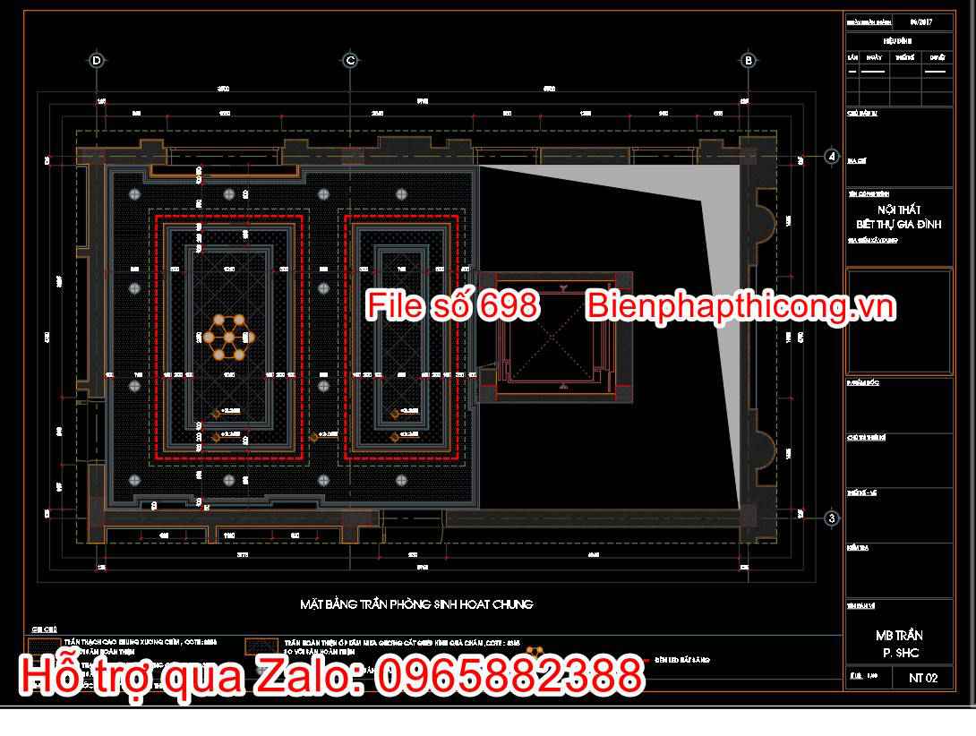 Mặt bằng trần phòng sinh hoạt chung nhà tân cổ.